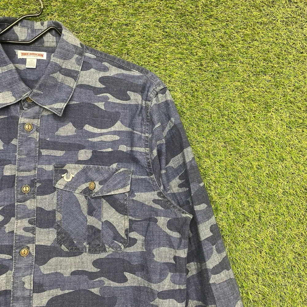 True Religion Western Shirt Mens Large Blue Camo Long Sleeve Button Up AOP 2000s